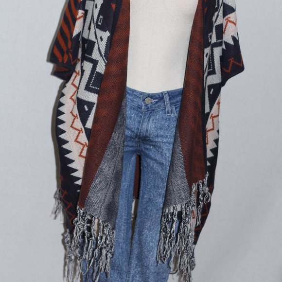 Blue & Orange Wool Tribal Fringe Shawl - Picture 8 of 15